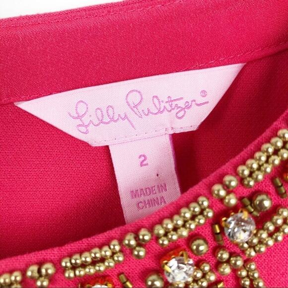 LILLY PULITZER Bronte Beaded Pink Shift Dress 2 Rhinestones Embellished Neckline - Picture 11 of 15